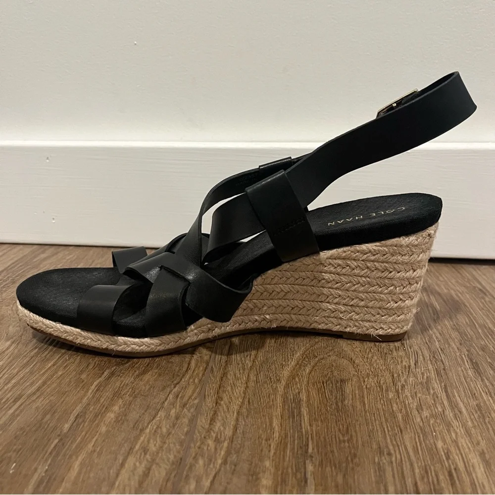 Cole Haan Crystal Wedge Sandals Black‎ Leather Size 7.5B